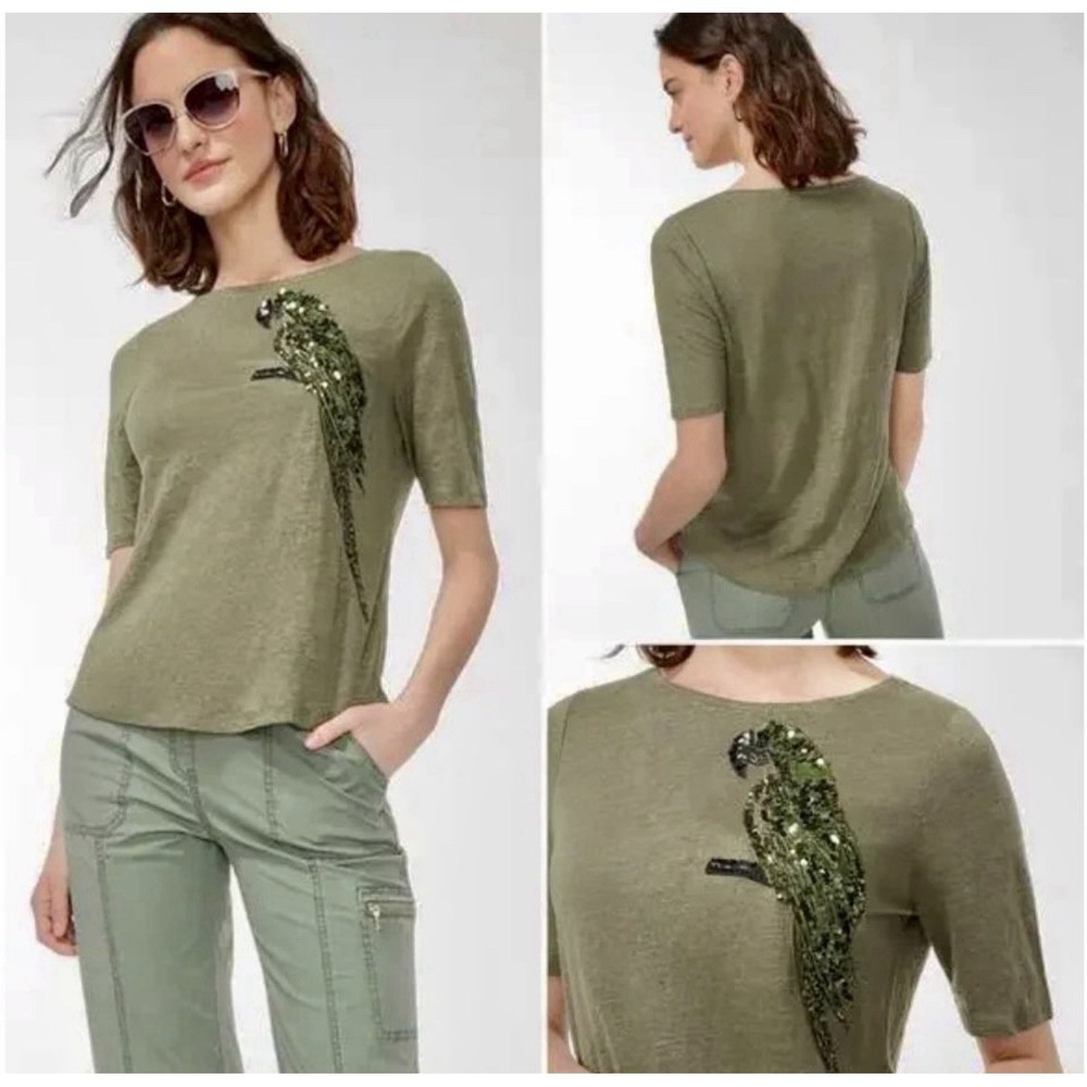 Chico's 100% Linen Sequined Parrot Design T-Shirt Short Sleeve Tropical Sz 1 M